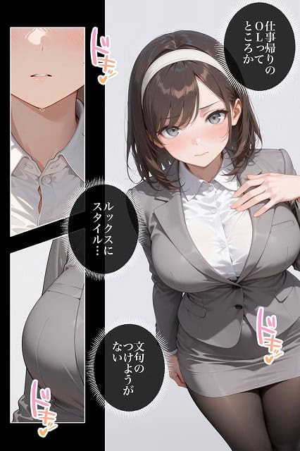 スーツ姿のOLが片手を肩に置き、白シャツの胸元とタイトスカートを見せている