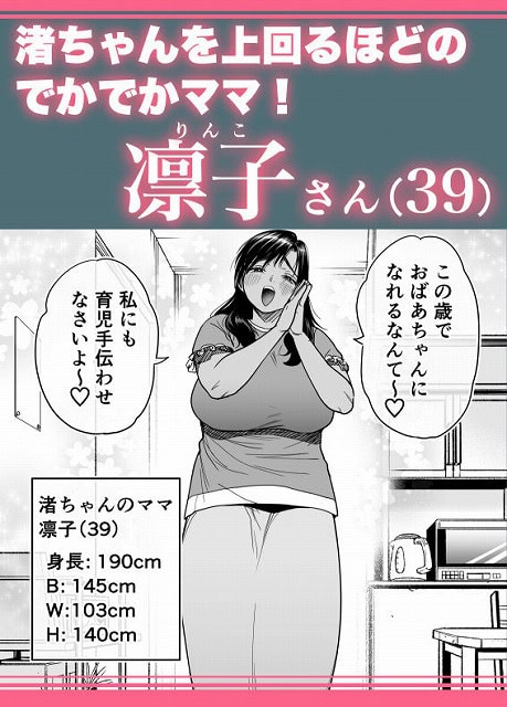 キッチンで凛子さんが胸元の開いた服で立ち、横に年齢39歳や身長190cmの紹介が並ぶ