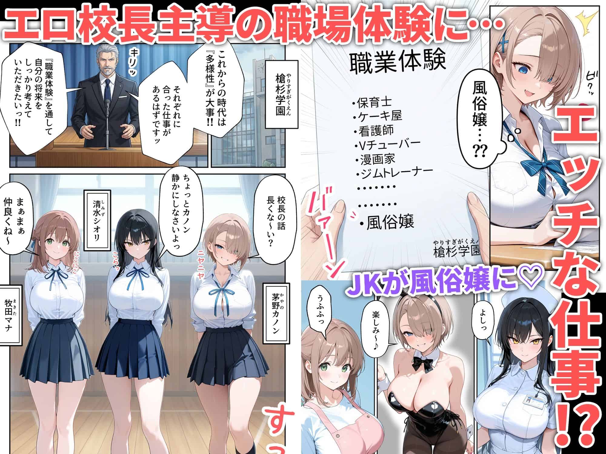 バニー、ナース、エプロン姿の女子3人が胸を見せるように並んで正面を向く