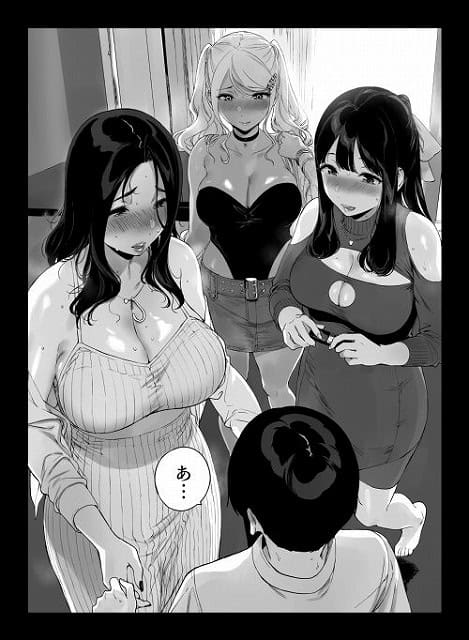 3人の女性が部屋で男性の前に立ち、胸元の開いた服で見下ろしている