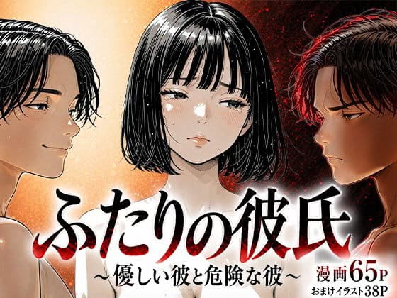 【ふたりの彼氏】けろんぬのエロ漫画-中央の一ノ瀬ミカが正面を向き、左右に優しい男と険しい顔の男が並ぶ