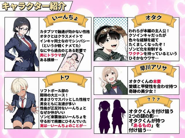 いーんちょ、トワ、オタク、早川アリサの立ち絵と説明文が並ぶキャラクター紹介