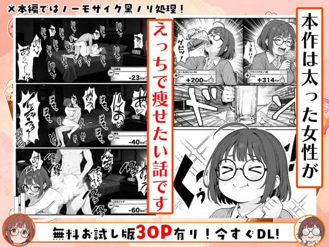 ぷに子がジョッキを飲みフライドチキンを頬張る横で、左側にベッドでの運動シーンが並ぶ