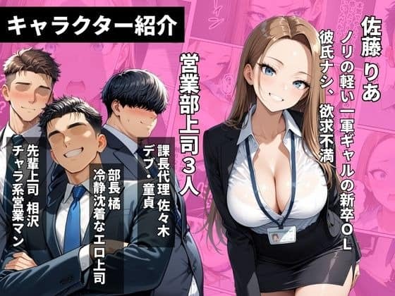 名札をつけた佐藤りあが白シャツ姿で笑い、営業部上司3人が横に並ぶ
キャラクター紹介