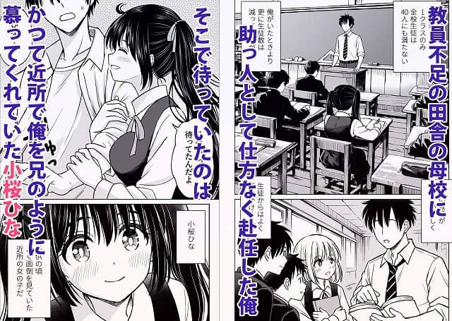 教室で小桜ひなが主人公の腕に近づき、隣で笑顔を向ける