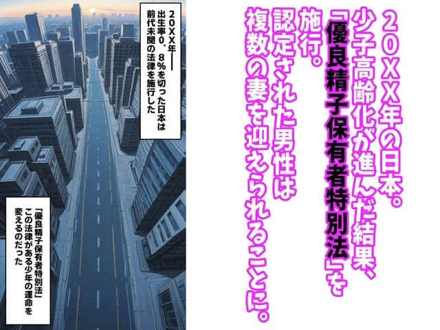高層ビルの道路と、優良精子保有者特別法の説明が描かれる