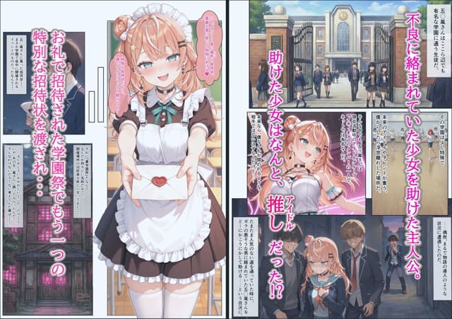 メイド服の五〇嵐が教室で両手を伸ばし、赤いハート付き封筒を差し出す