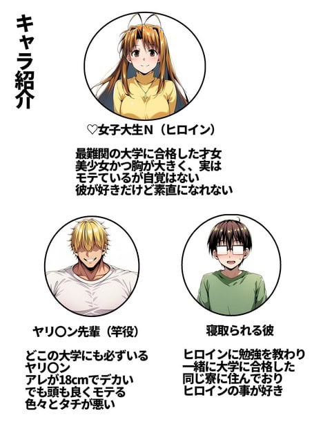 ヒロインN、金髪の先輩、眼鏡の男性がキャラ紹介欄に並ぶ