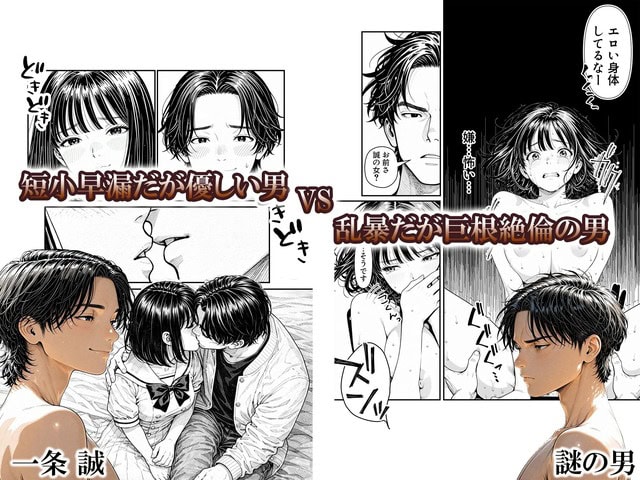一ノ瀬ミカが仰向けで太ももを触られ、下で誠とキスする姿が並ぶ