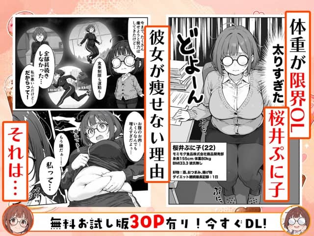 桜井ぷに子が椅子に座って汗を浮かべ、体重80kgの限界OLとして紹介される