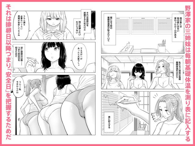 三姉妹が食卓で体温計をくわえ、基礎体温表の前に並んで座る