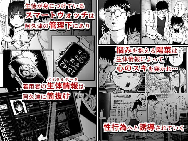 スマートウォッチと生体情報の画面が大きく写り、制服姿の少女が左に立つ